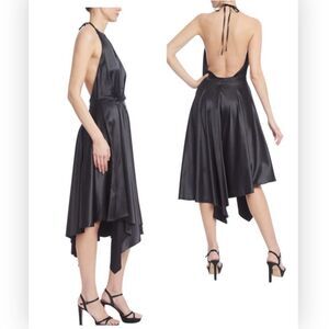 Jewel Badgley Mischka Black Satin Backless Dress with High-Low Skirt Size 175